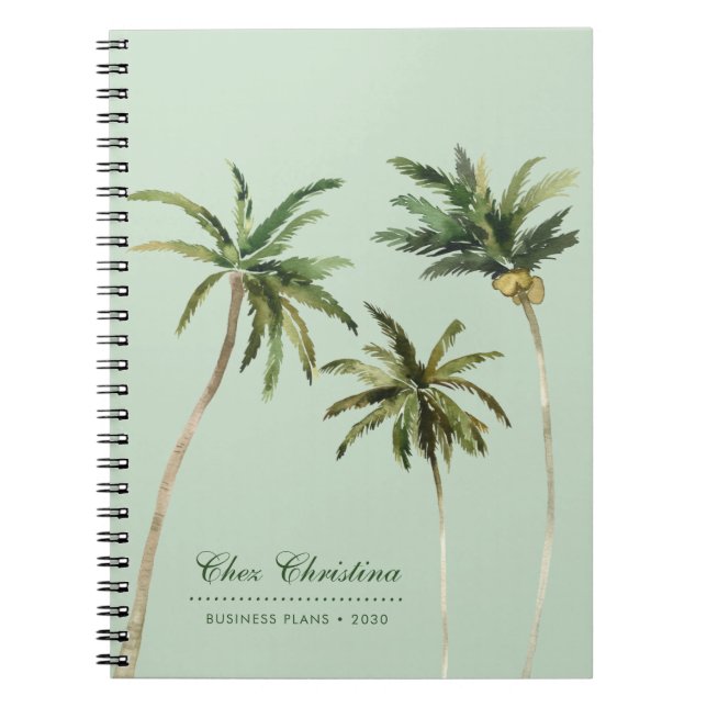 Tropical Watercolor Palm Trees Personalized Green Notebook (Front)