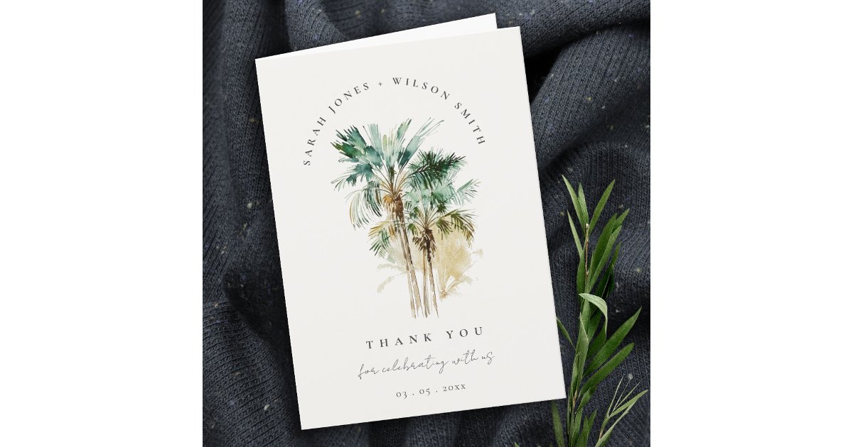 Tropical Watercolor Palm Trees Photo Wedding Thank You Card | Zazzle