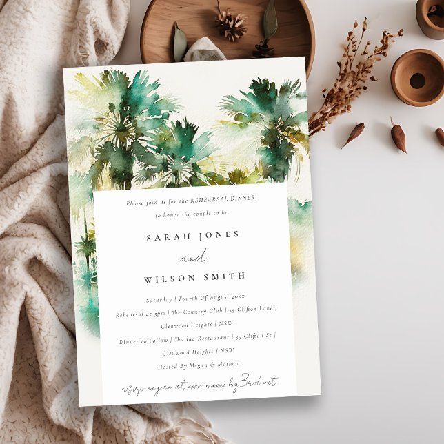 Tropical Watercolor Palm Trees Rehearsal Dinner Invitation (Creator Uploaded)