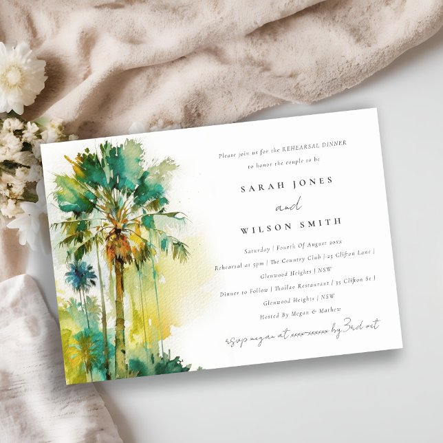 Tropical Watercolor Palm Trees Rehearsal Dinner Invitation (Creator Uploaded)
