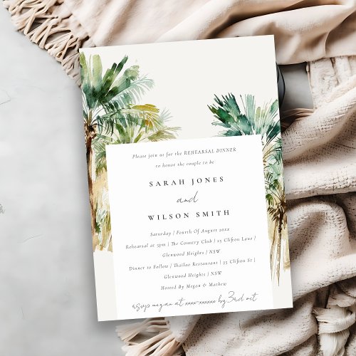 Tropical Watercolor Palm Trees Rehearsal Dinner Invitation