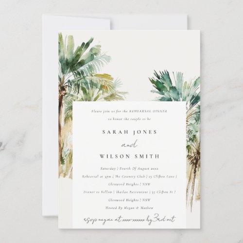 Tropical Watercolor Palm Trees Rehearsal Dinner Invitation