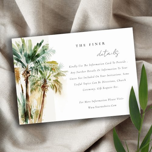 Tropical Watercolor Palm Trees Wedding Details Enclosure Card