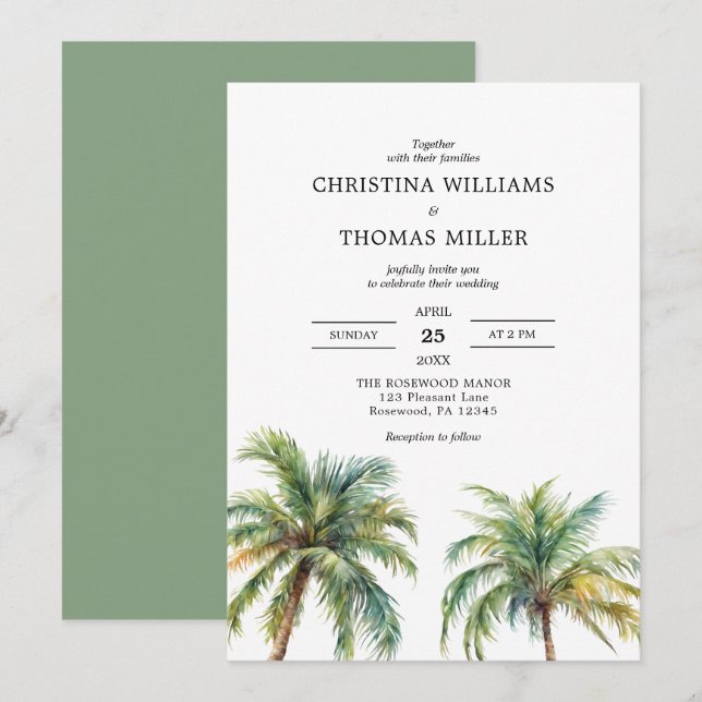 Tropical Watercolor Palm Trees Wedding Invitation (Front/Back)