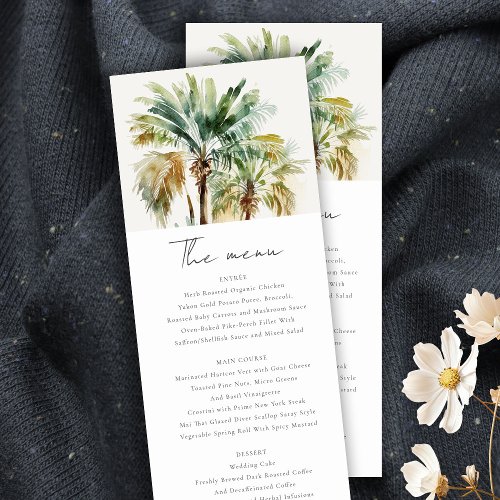 Tropical Watercolor Palm Trees Wedding Menu Card