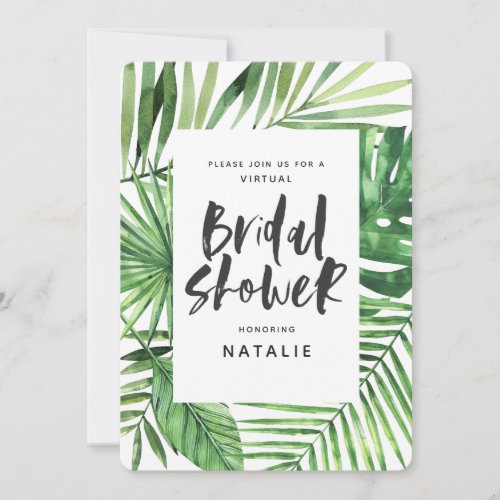 Tropical watercolor palm virtual bridal shower save the date