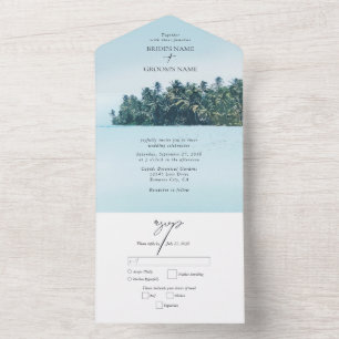 Tropical Watercolor Palms & Beach Wedding All In One Invitation