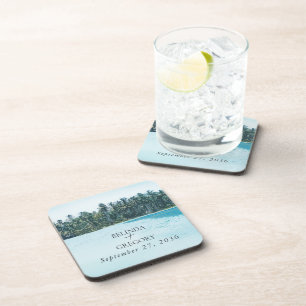 Tropical Watercolor Palms & Beach Wedding Beverage Coaster