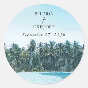 Tropical Watercolor Palms & Beach Wedding Classic Round Sticker