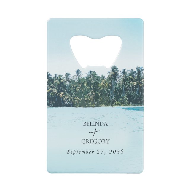 Tropical Watercolor Palms & Beach Wedding Credit Card Bottle Opener (Front)
