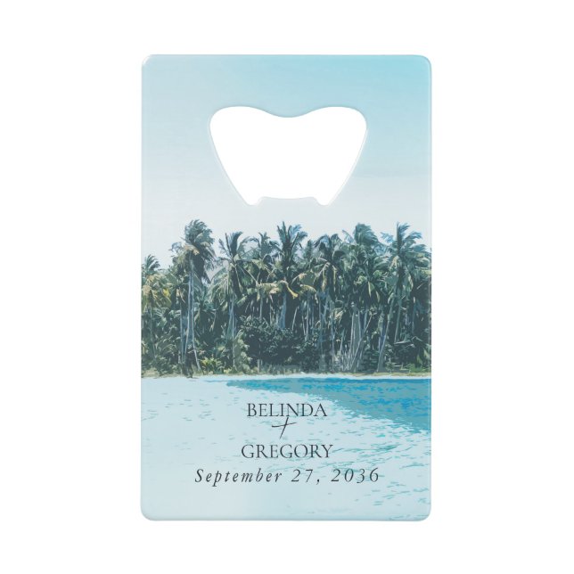 Tropical Watercolor Palms & Beach Wedding Credit Card Bottle Opener (Front)