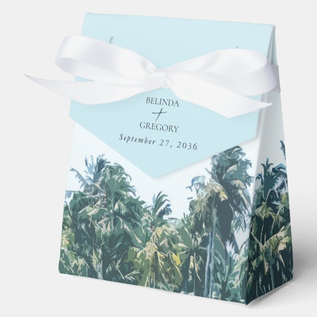 Tropical Watercolor Palms & Beach Wedding Favor Boxes (Front)