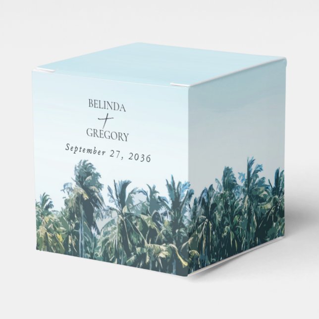 Tropical Watercolor Palms & Beach Wedding Favor Boxes (Front Side)