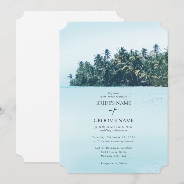 Tropical Watercolor Palms & Beach Wedding Invitation (Front/Back)