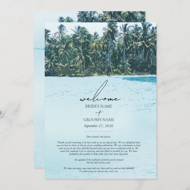 Tropical Watercolor Palms Beach Wedding Itinerary (Front/Back)