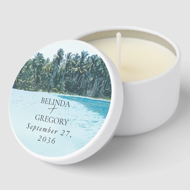 Tropical Watercolor Palms & Beach Wedding Mini Candle Favors (Corner)