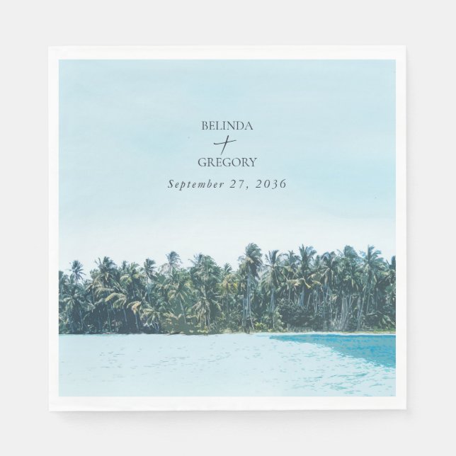 Tropical Watercolor Palms & Beach Wedding Napkins (Front)