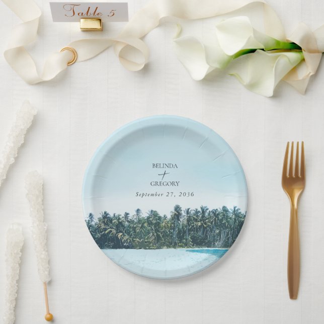 Tropical Watercolor Palms & Beach Wedding Paper Plates (Wedding)