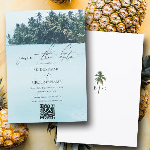 Tropical Watercolor Palms & Beach Wedding QR Code Save The Date