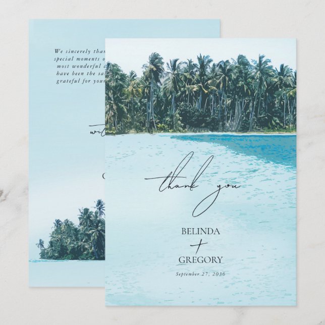 Tropical Watercolor Palms & Beach Wedding Thank You Card (Front/Back)
