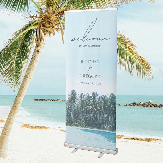 Tropical Watercolor Palms & Beach Wedding Welcome Retractable Banner (Tropical Watercolor Palms & Beach Wedding Welcome Retractable Banner)