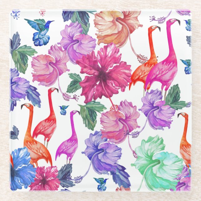 Tropical Watercolor Pattern Glass Coaster (Front)