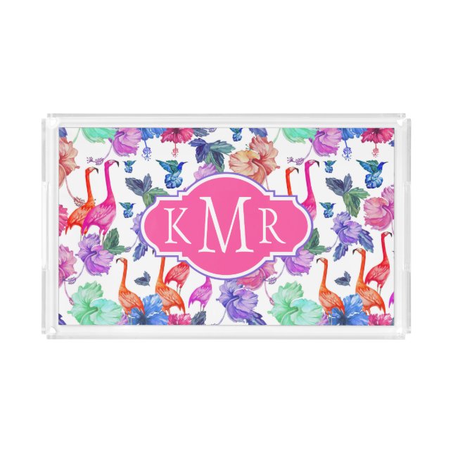 Tropical Watercolor Pattern | Monogram Acrylic Tray (Front)