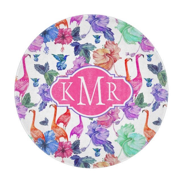 Tropical Watercolor Pattern | Monogram Cutting Board (Front)