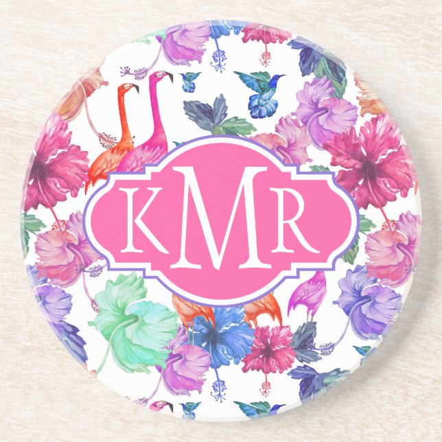 Tropical Watercolor Pattern | Monogram Drink Coaster (Front)