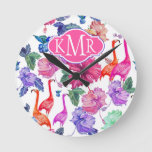 Tropical Watercolor Pattern | Monogram Round Clock