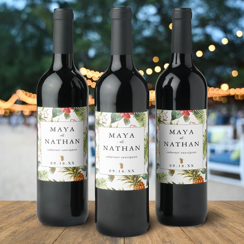 Tropical Watercolor Pattern Personalized Wine Label
