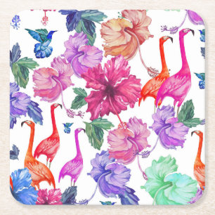 Tropical Watercolor Pattern Square Paper Coaster