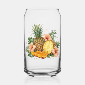 Tropical Watercolor Pineapple and Hibiscus Floral Can Glass