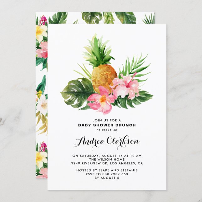 Tropical Watercolor Pineapple Baby Shower Brunch Invitation (Front/Back)