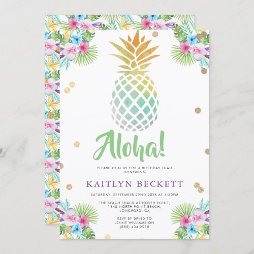 Tropical Watercolor Pineapple Birthday Luau Invitation