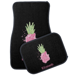 Tropical Watercolor Pineapple Black Car Floor Mat