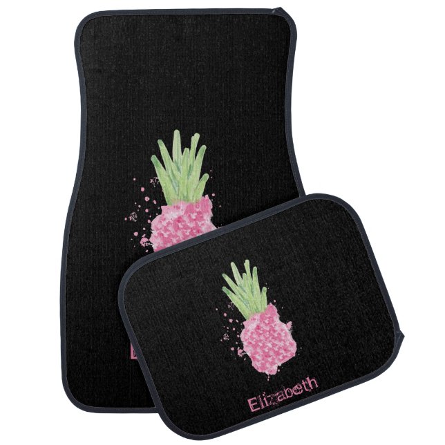 Tropical Watercolor Pineapple Black  Car Floor Mat (Set)