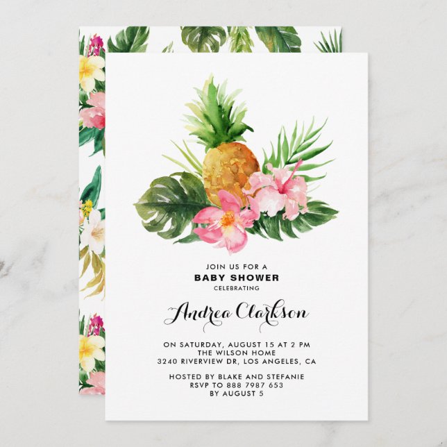 Tropical Watercolor Pineapple Floral Baby Shower Invitation (Front/Back)