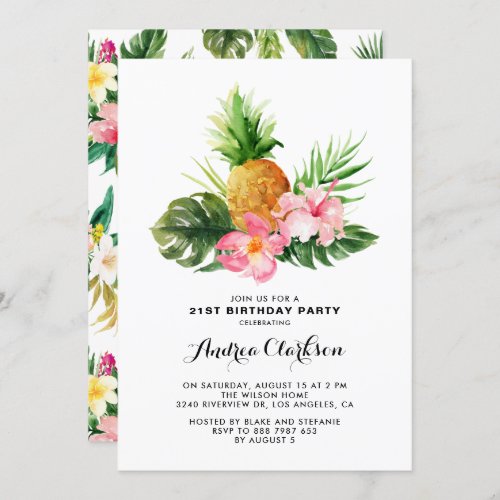 Tropical Watercolor Pineapple Floral Birthday Invitation