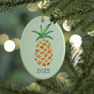 Tropical Watercolor Pineapple Green Keepsake Year Ceramic Ornament