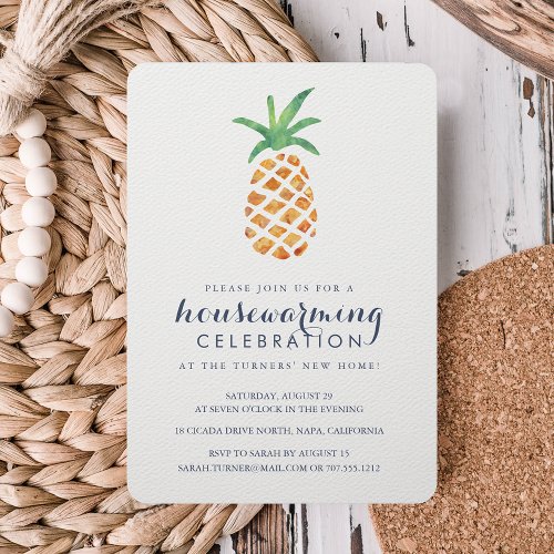 Tropical Watercolor Pineapple Housewarming Party Invitation