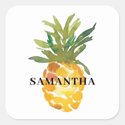 Tropical Watercolor Pineapple Name Square Sticker