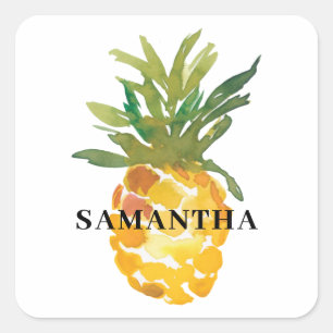 Tropical Watercolor Pineapple Name Square Sticker