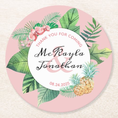 Tropical Watercolor Pineapple Orchid Wedding Favor Round Paper Coaster