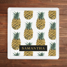 Tropical Watercolor Pineapple Pattern With Name Acrylic Tray