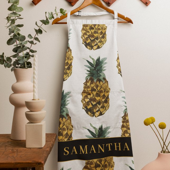 Tropical Watercolor Pineapple Pattern With Name Apron (Creator Uploaded)