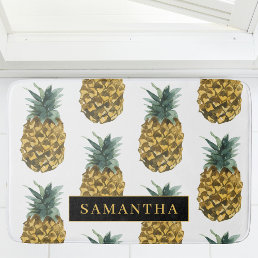 Tropical Watercolor Pineapple Pattern With Name Bath Mat