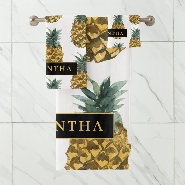 Tropical Watercolor Pineapple Pattern With Name Bath Towel Set (Creator Uploaded)
