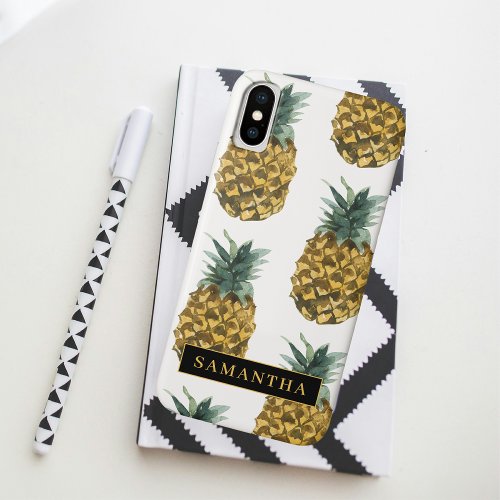 Tropical Watercolor Pineapple Pattern With Name iPhone XS Case