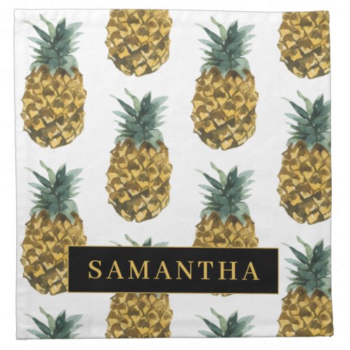 Tropical Watercolor Pineapple Pattern With Name Cloth Napkin
